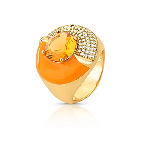 Anel Redondo Esmaltado Com Cristal Âmbar e Zircônias